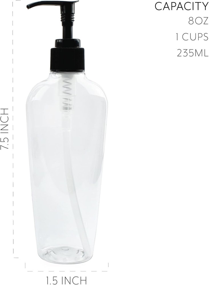 Cornucopia 8-Ounce Clear Oval-Shaped Plastic Lotion Bottles Black,