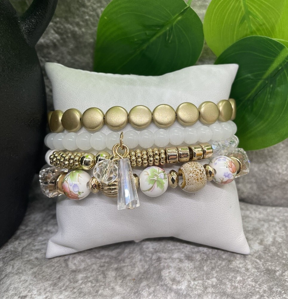 4 PC Handmade Boho  Beaded Stackable 6.25” Plus Stretch Bracelet Set New B1169