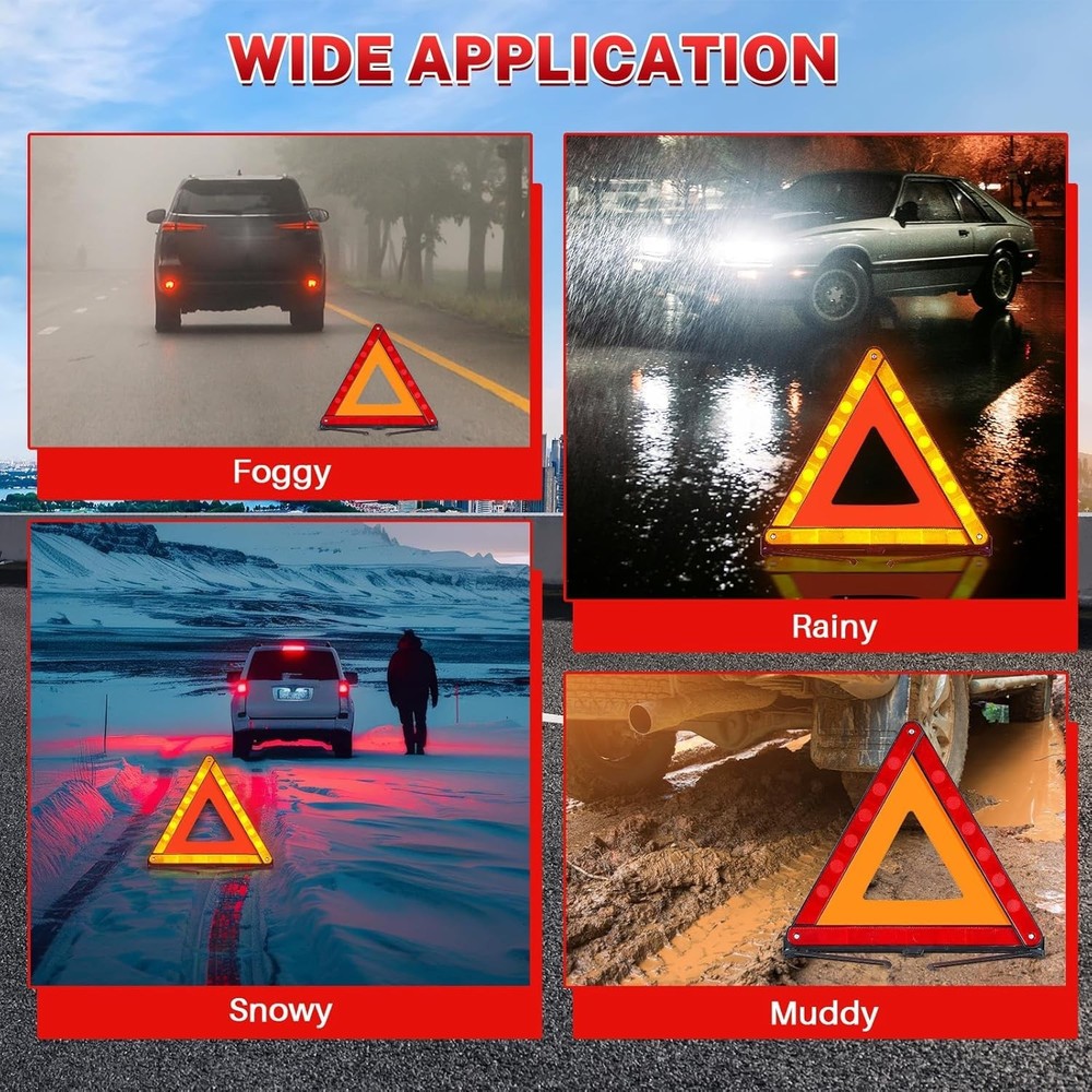 3 Pack Reflective Warning Triangles, Foldable Roadside Emergency Safety Kit