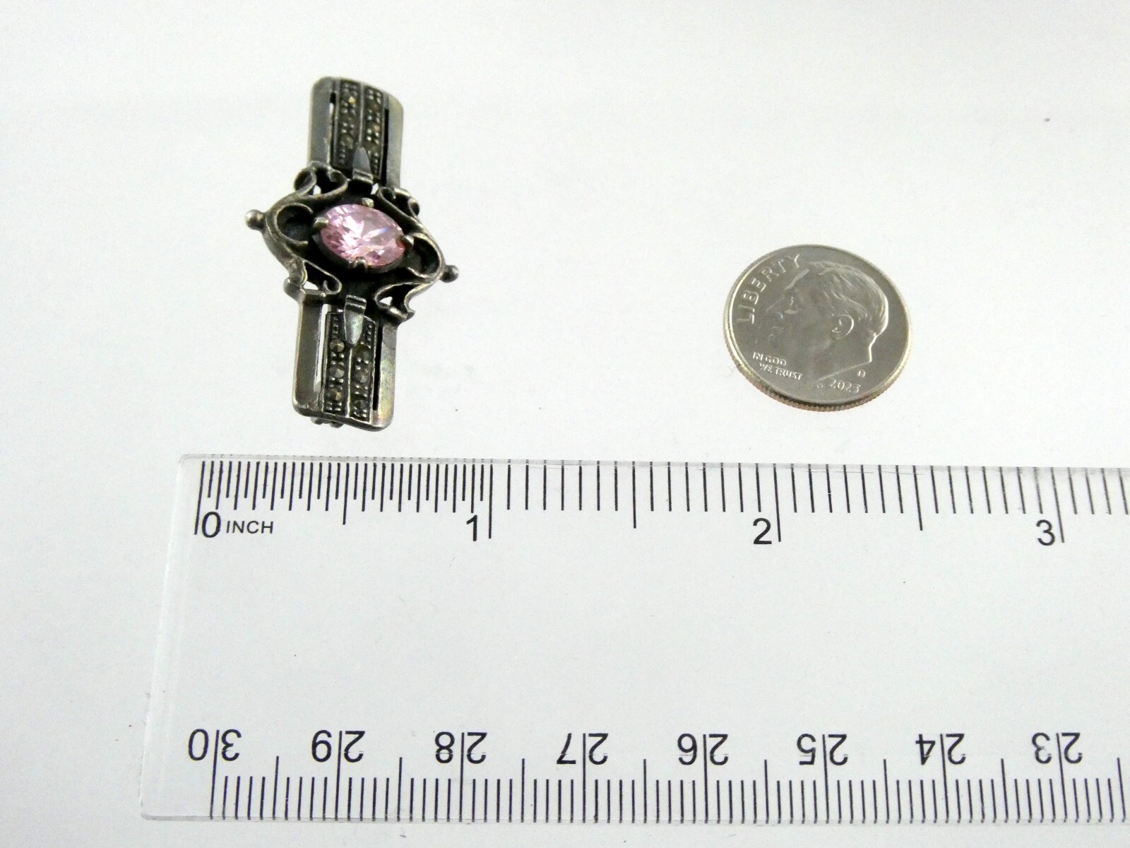 Sterling Silver Pink CZ and Marcasite Studded Bar Brooch Pin 925 6.7g 1.5 Inches