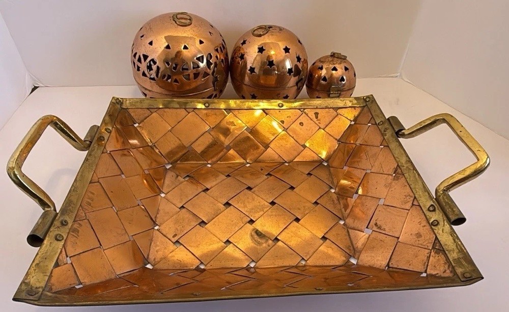 Woven Copper & Brass Tray With Three Hinged Decor Balls