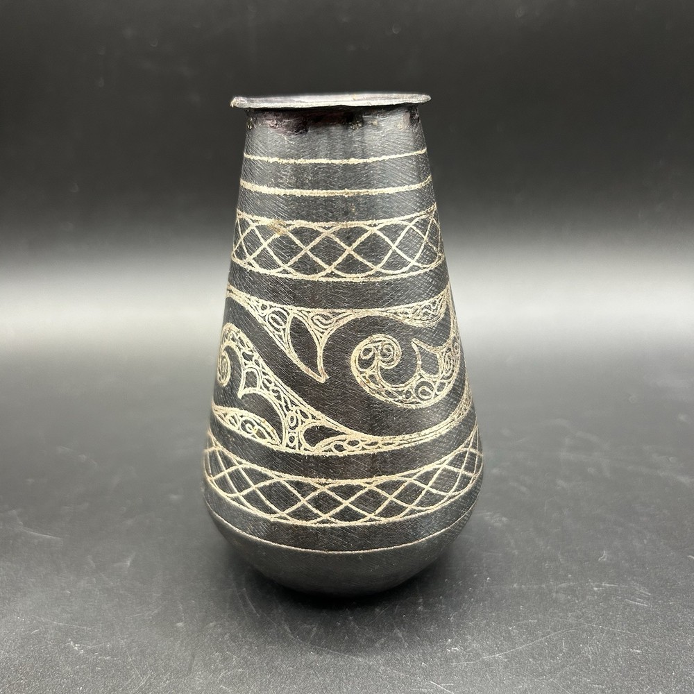 Antique Islamic Indian koftgari iron with silver vase Scroll & grating pattern