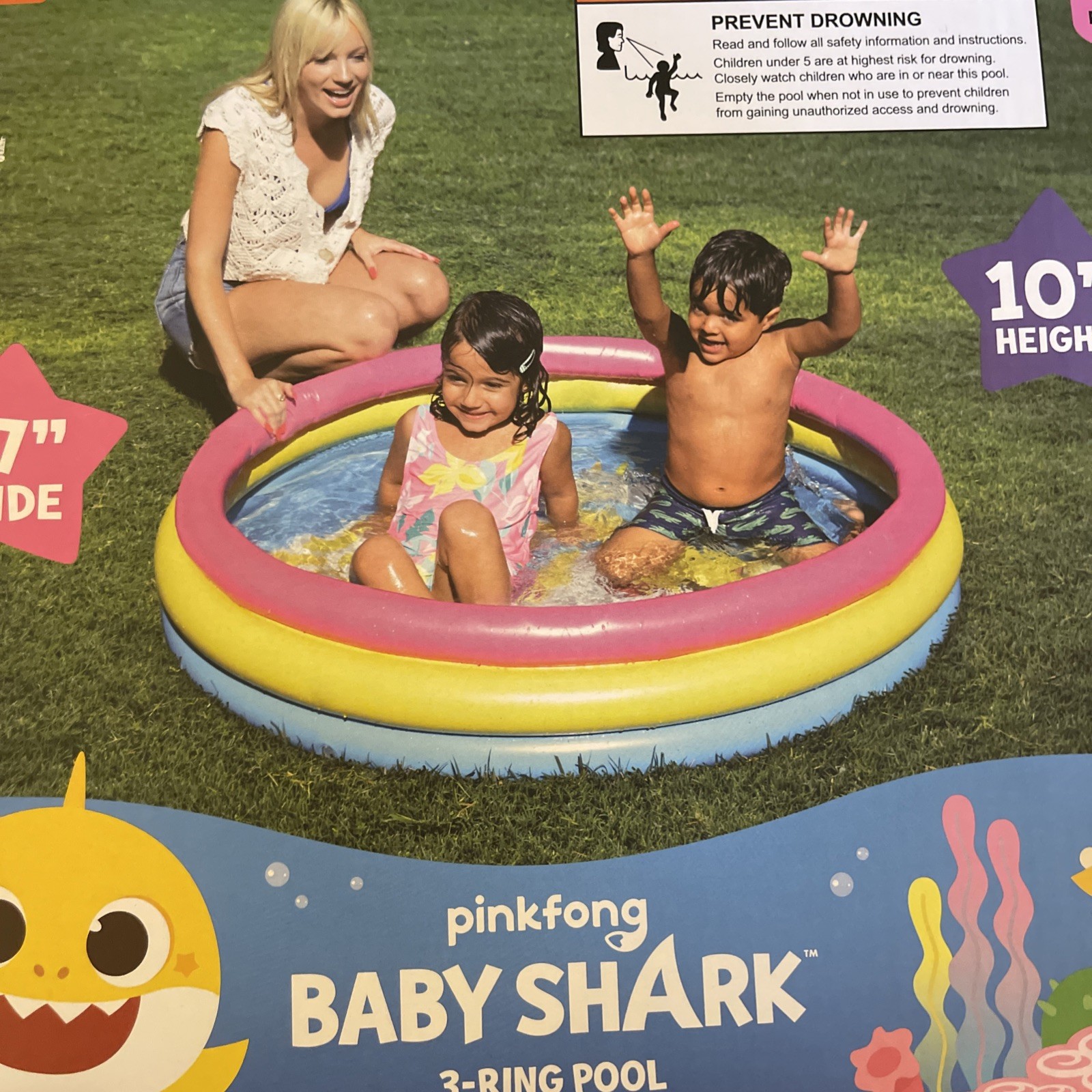 Baby Shark 3-Ring Inflatable Swimming Pool 47" Wide & 10" Height for Summer Play