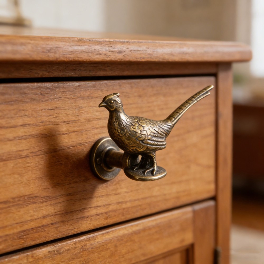 Antique Brass Bird Cabinet Knobs - Long Tailed Pheasant Drawer Pulls - Single