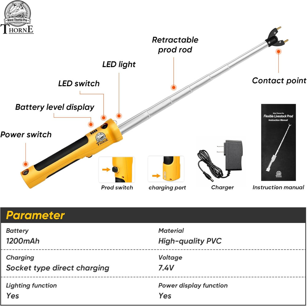 Retractable Cattle Prod, Rechargeable Livestock Prod with LED Light, Waterproof
