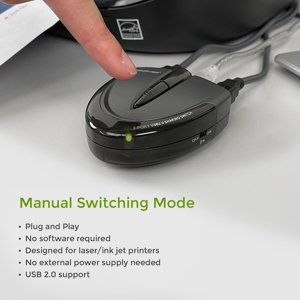 2 Port USB 2.0 Switch - Auto Printer Switch - Manually or Auto Control - LEDs...
