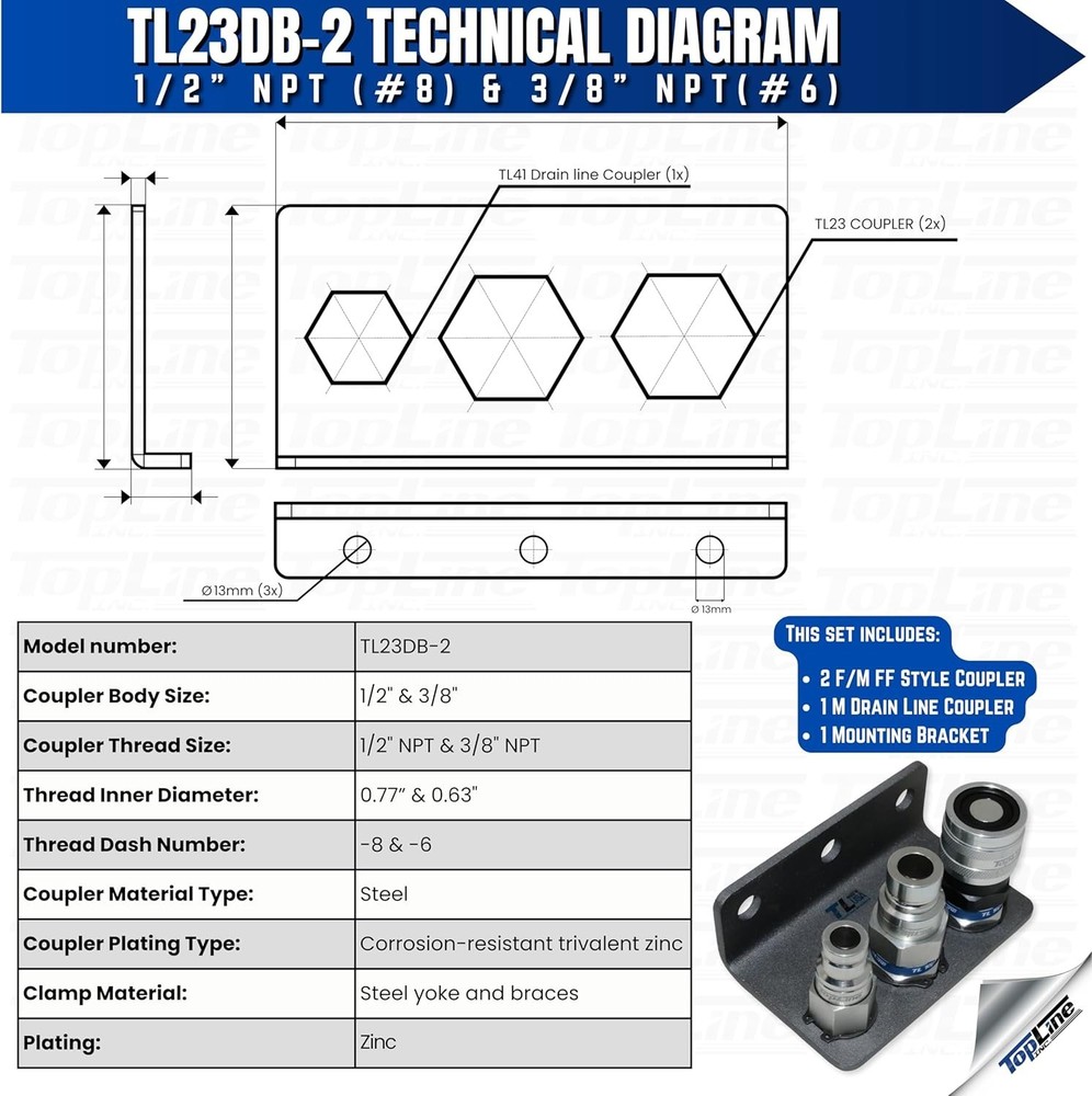 1/2 Flat Face Hydraulic Quick Connect Coupler Set +Drain line + Bracket TL23DB-2