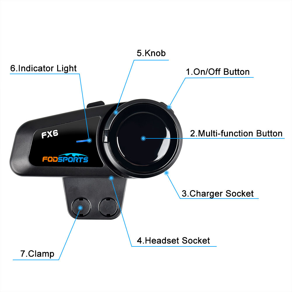 2X 1000M Motorcycle Intercom 6 Riders Communication BT Bluetooth Helmet Headset