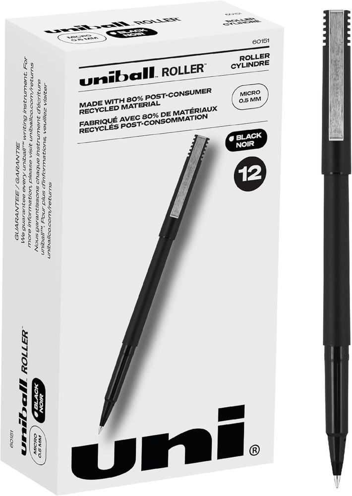 Uni-Ball Roller Rollerball Pens Fine Point Micro Tip 0.5Mm Black 12 Pack