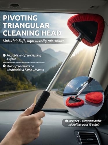 Windshield Window Cleaner Tool, Extendable Long-Reach Handle, Black & Red
