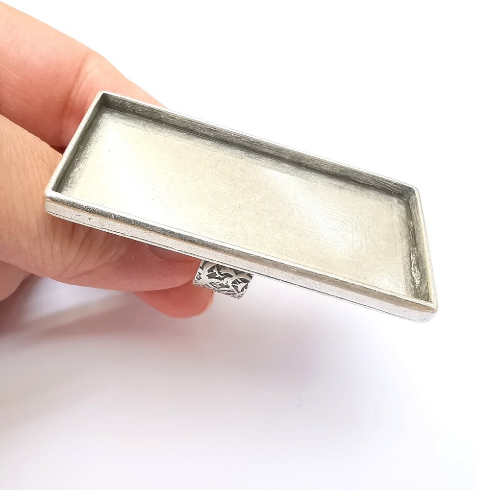 Large Rectangle Ring Blank Settings Cabochon Mounting, Adjustable Antique Silver