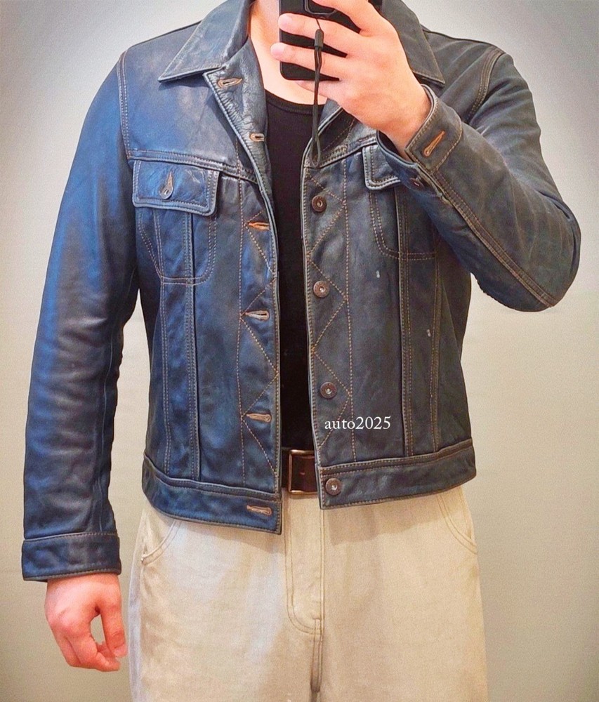 Mens Distressed Stonewashed Leather Jacket Retro Rider Style Teacore Cowhide