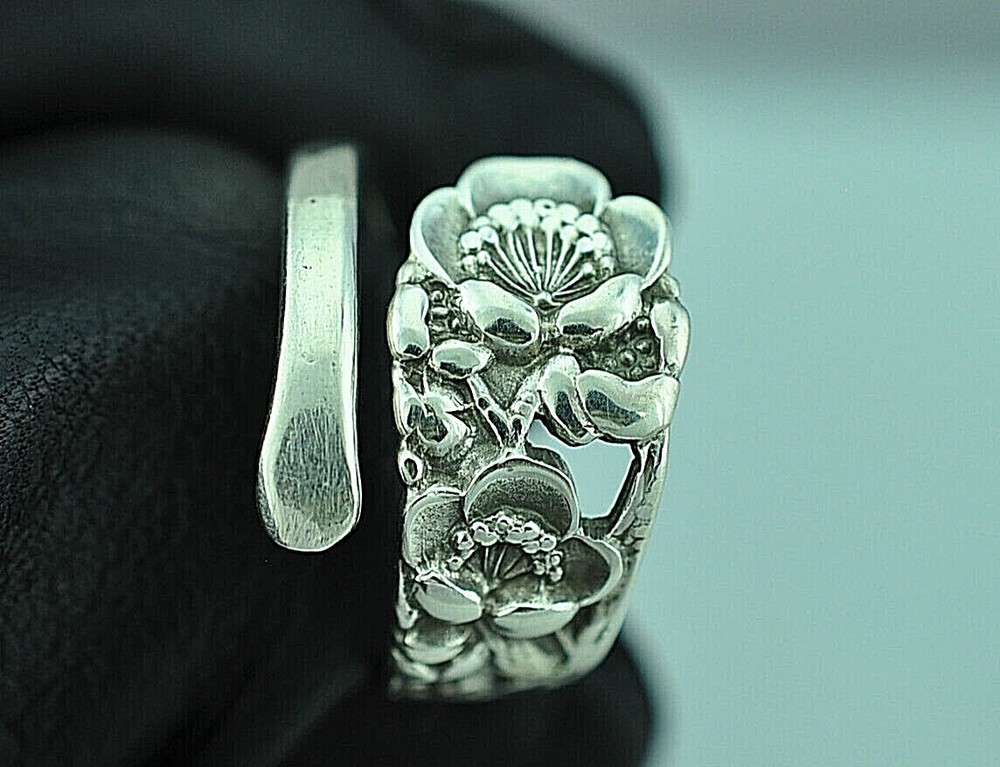 Dainty Solid 950 Sterling Silver Plum Flower Floral Adjustable Spoon Ring