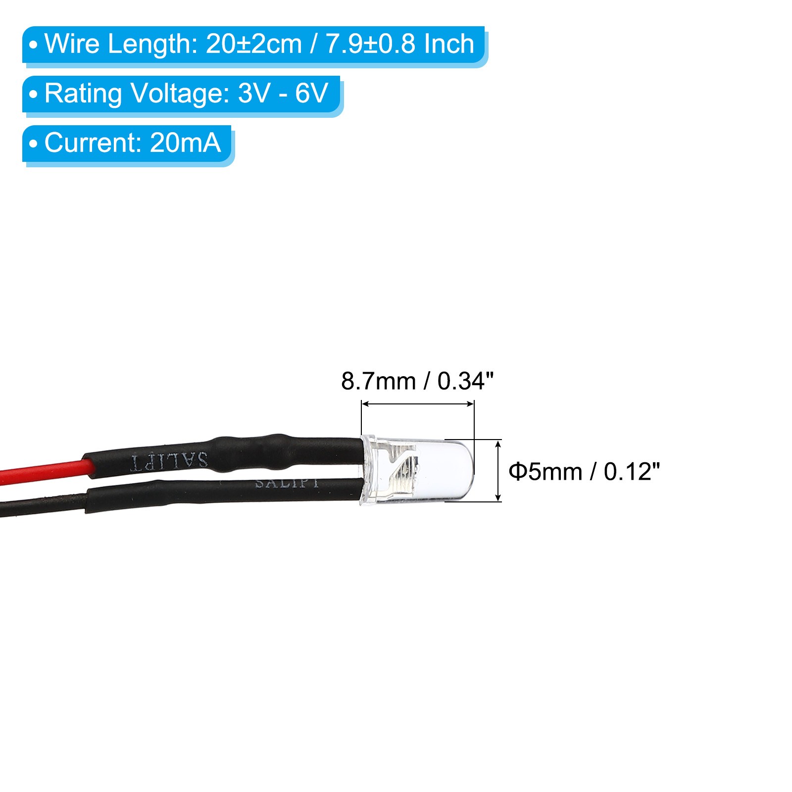 24 Pack 3V-6V 5mm LED Light Emitting Diodes Pre Wired Mini LED Lights Bulb White