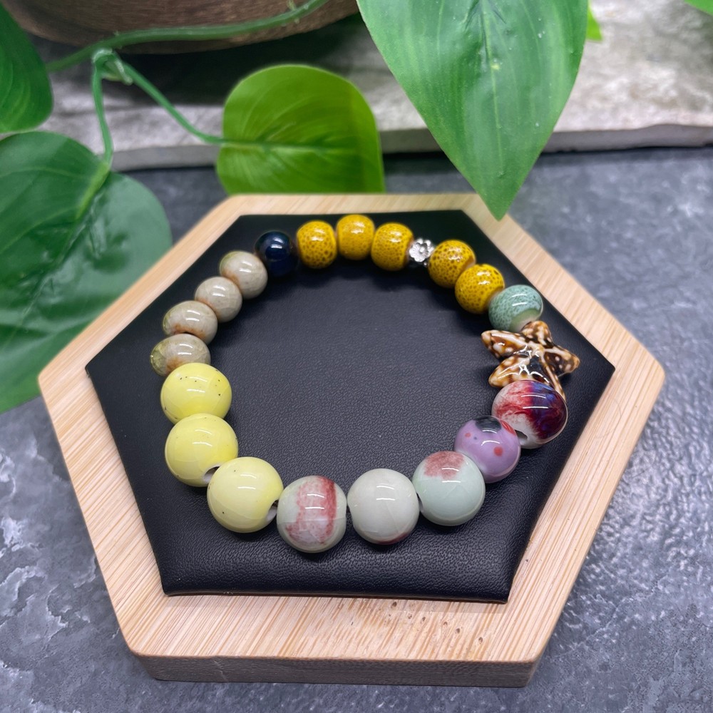 Handmade Ceramic Bead Beaded Stackable 6.5” Plus Stretch Bracelet New B531