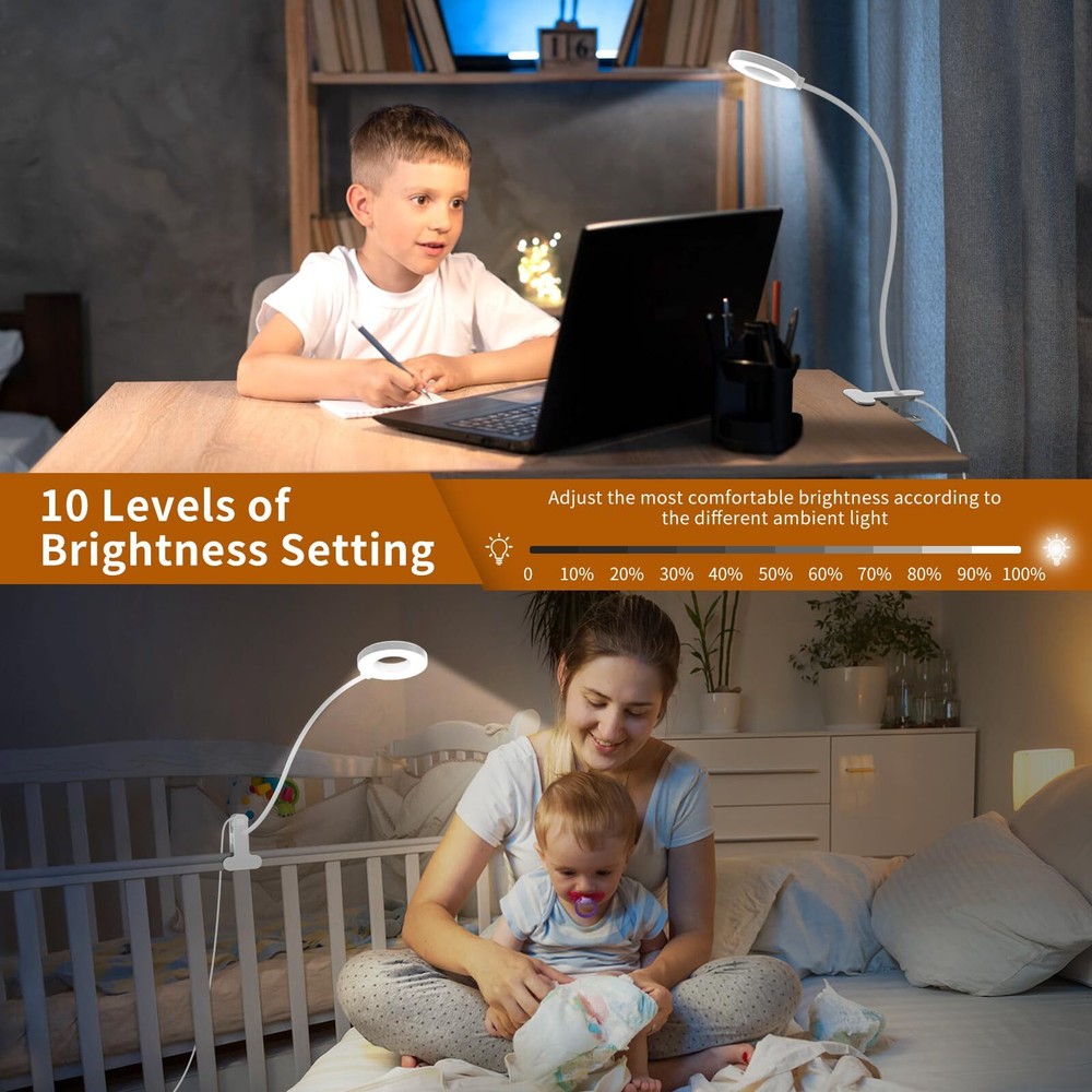 Reading Light USB Clamp Lamp LED Adjustable Gooseneck Bedside Study Lamp White