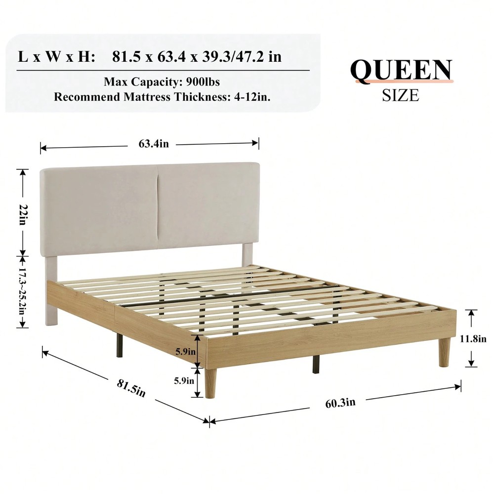 Wood Platform Bed Frame Adjustable Upholstered Head Board Twin/Full/Queen