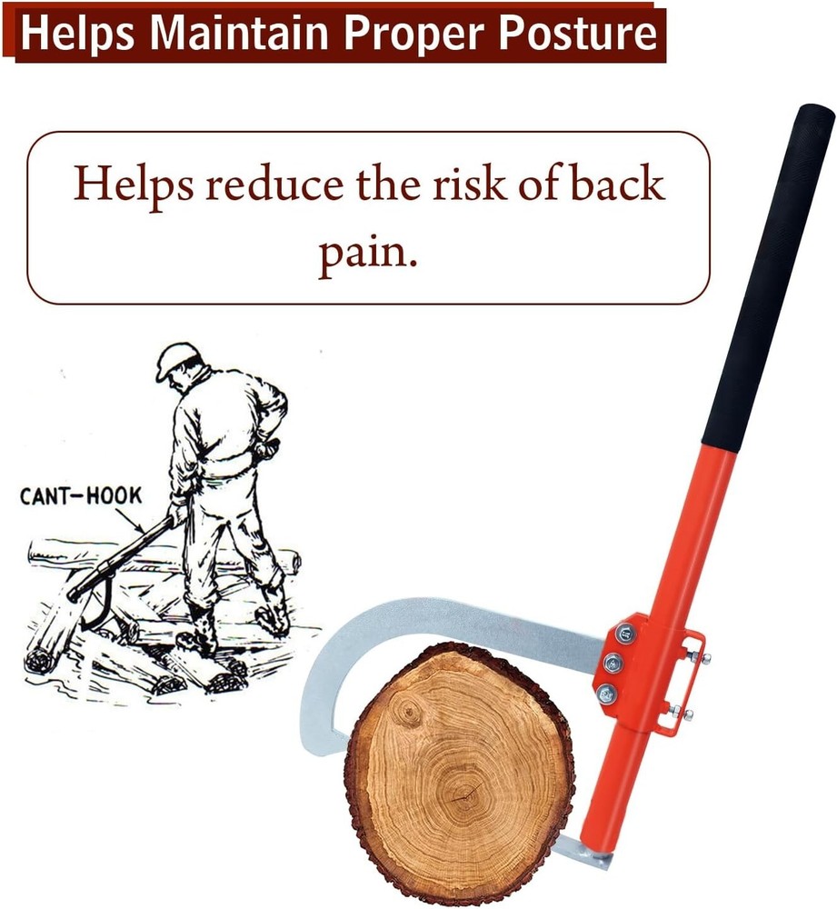 Cant Hook - 28" Wood Log Moving Tool With Adjustable Hook & Rubber Grip Handle