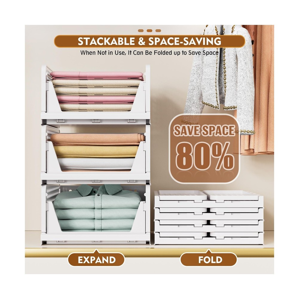 SNSLXH 5 Pack Stackable Closet Storage Basket, Multifunctional & Foldable Clo...