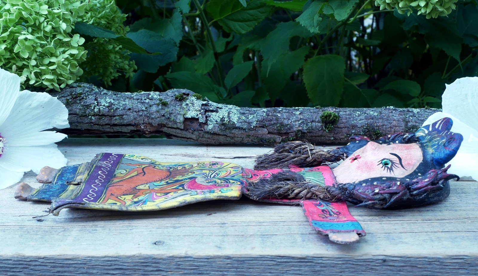 Girl Fish Hat Hand Painted Bird & Deer Handmade Canvas & Coconut Mexico Folk Art