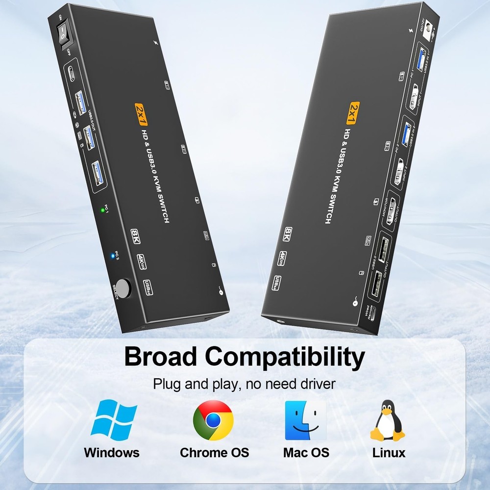 HDMI KVM Switch 1 Monitors 2 Computers 8K60Hz USB3.0 KVM Switch for 2 Compute...