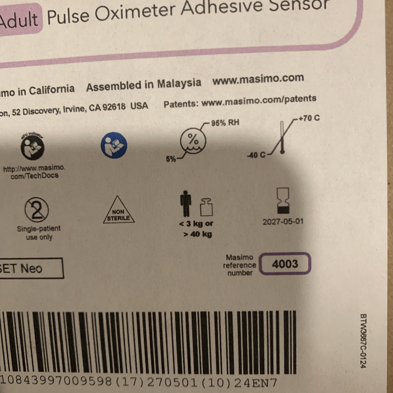 Masimo RD Set Neo Pulse Oximeter Adhesive Sensor 3kg-40kg REF 4003 Exp Aug 2027