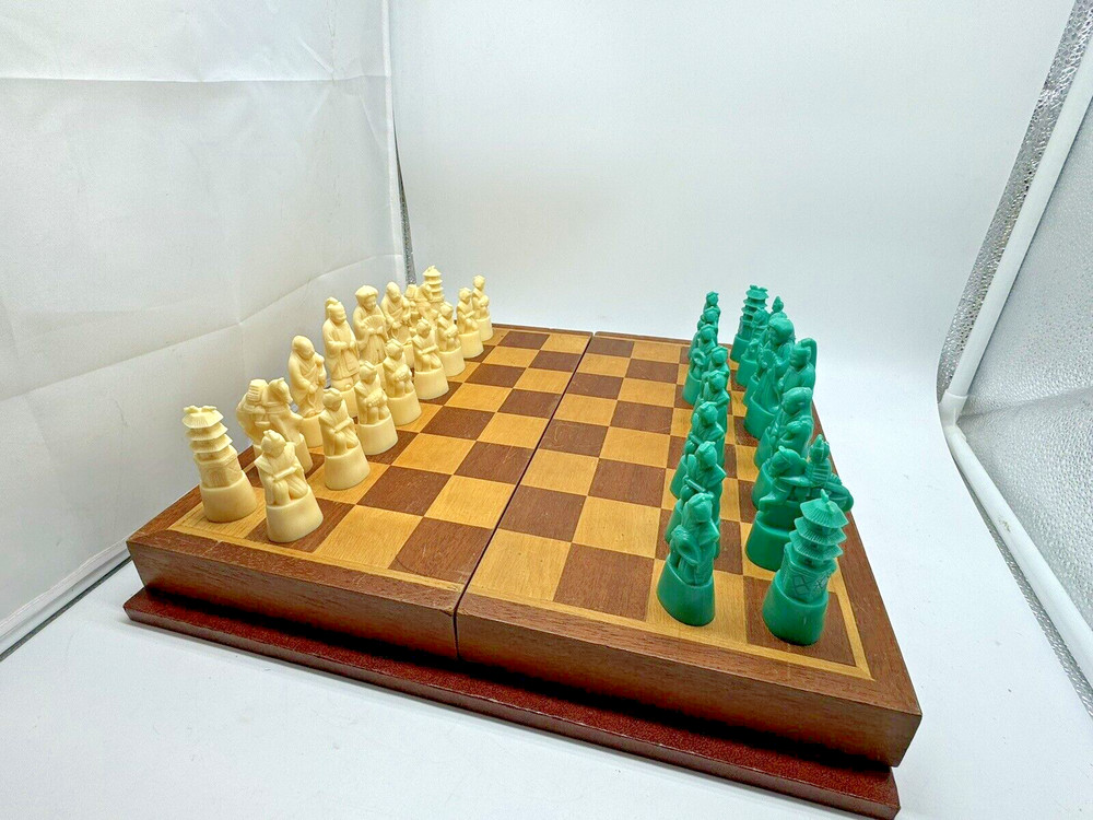 Vtg Chess Set w Folding Board Asian Figural Pieces Turquoise Solid Molded Unique