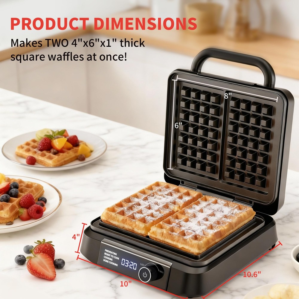 Waffle Maker, 1200W Belgian Waffle Maker, Dual Rectangular Thick Waffle Iron,...