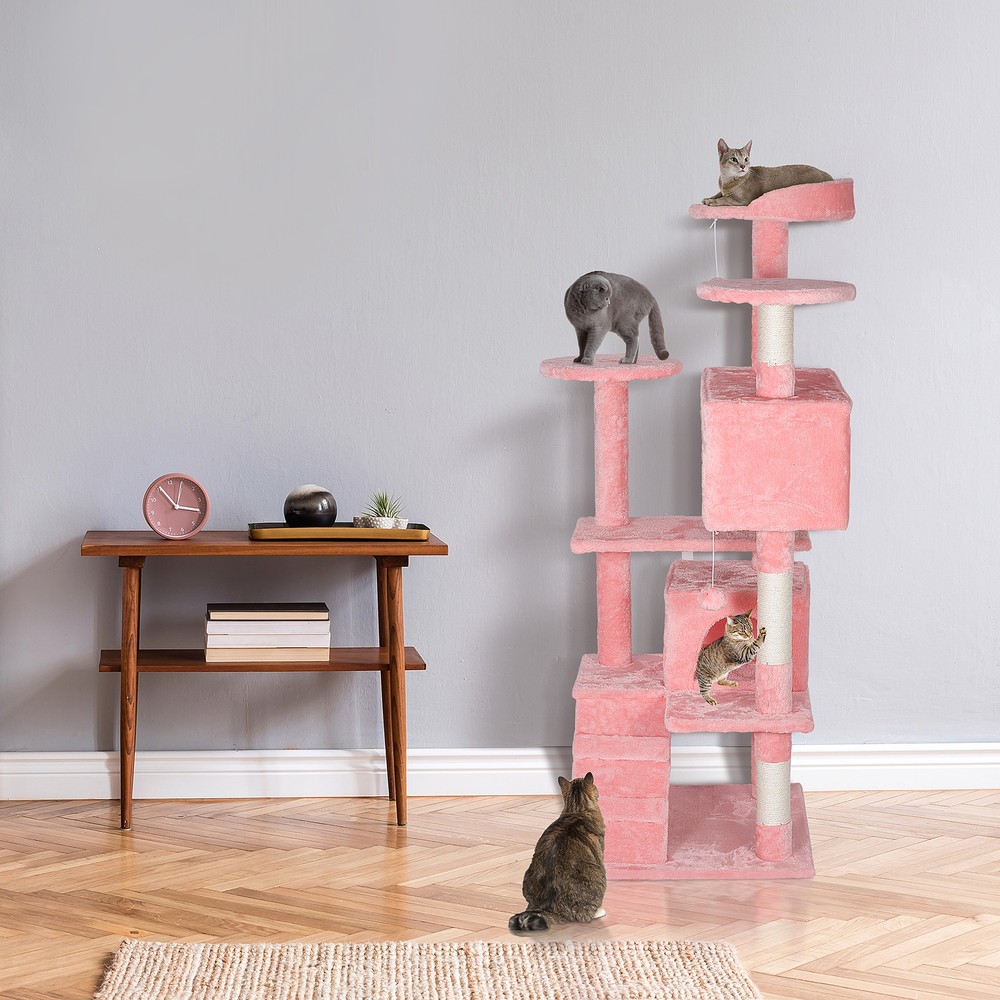 53" Cat Tree Activity Tower Pet with Scratching Posts Ladders Indoor Pink