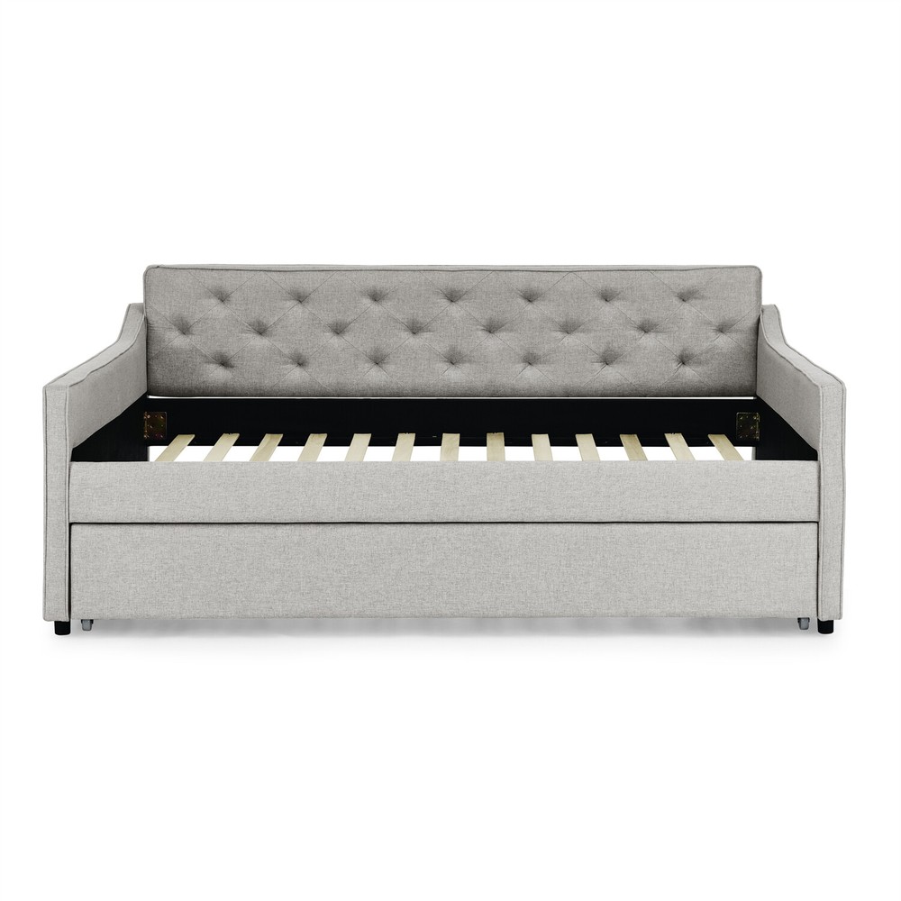 Full Size Daybed w/ Pull-Out Trundle Bed Linen Upholstered Bed Frame Sofa Bed US
