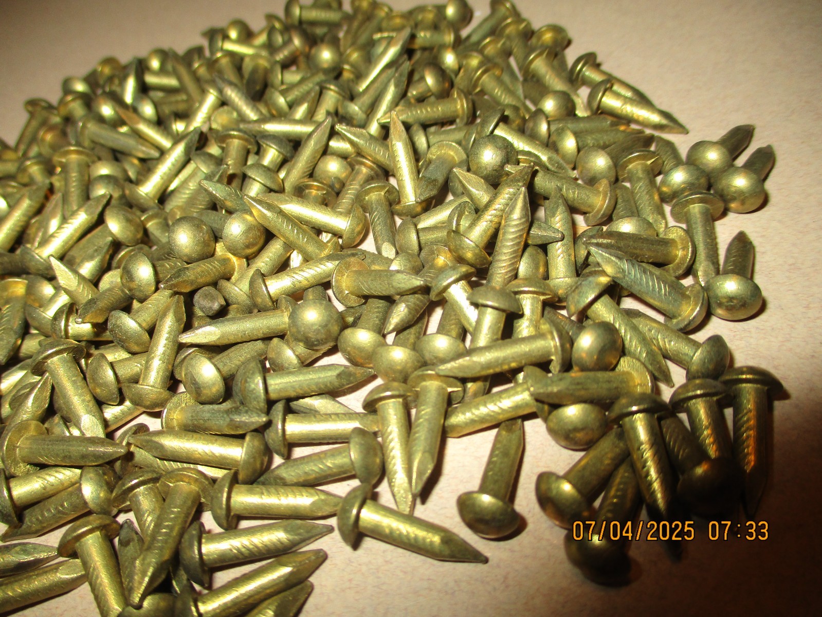 43--NICE VINTAGE 1/2" X #12, SOLID BRASS ESCUTCHEON PINS NAILS, ROUND DOME HEADS