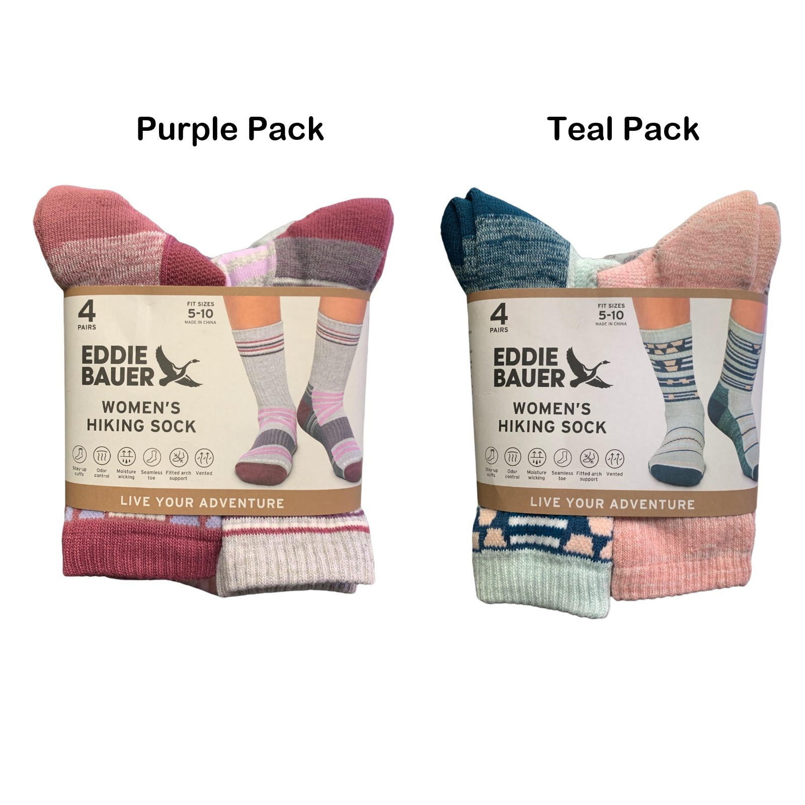 Eddie Bauer Women's Hiking Sock, 4 Pack, Moisture WIcking, Fits Sizes 5-10