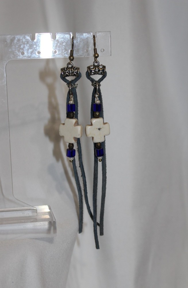 Nwt Handmade Leather Beaded Dangle Earrings