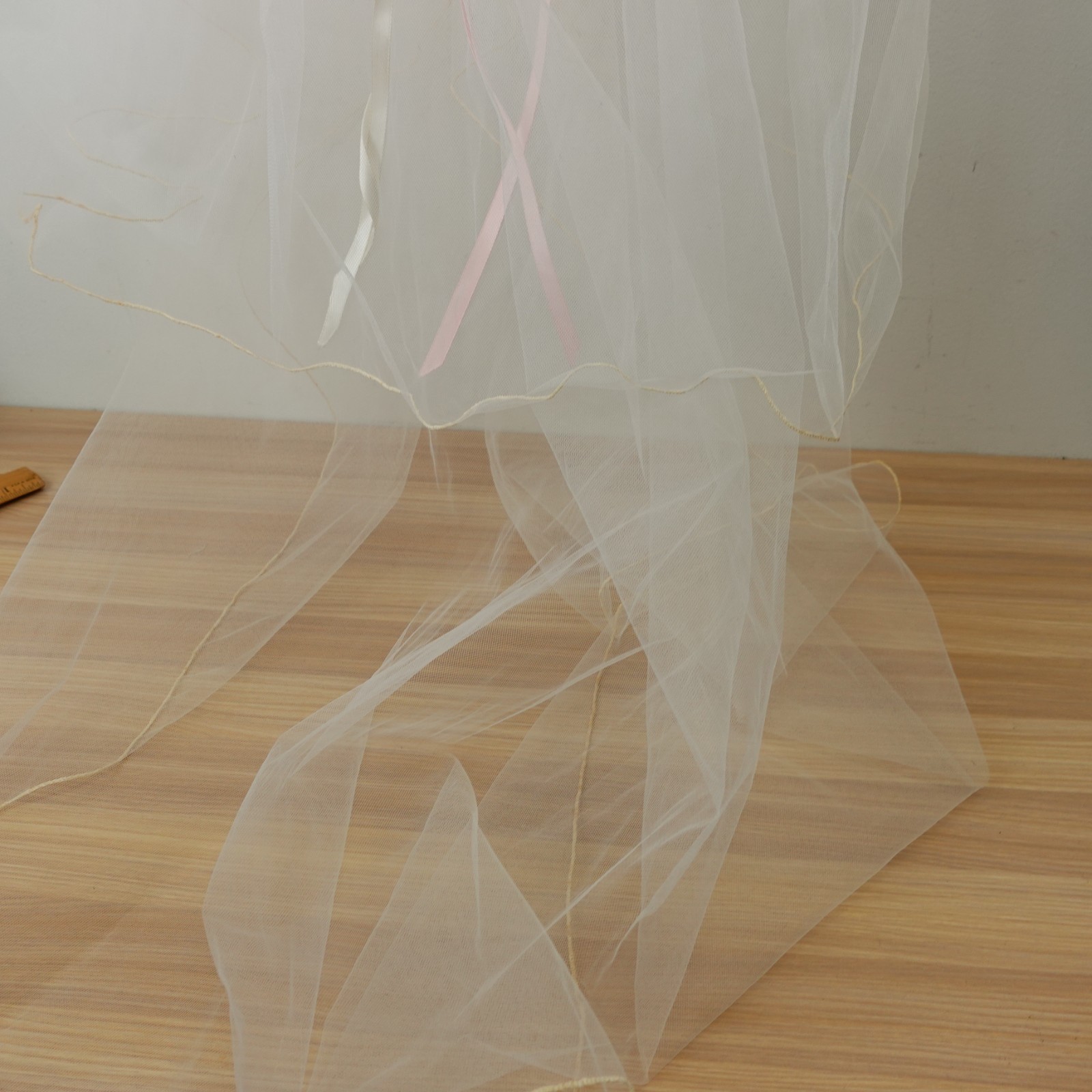 VTG Bridal Veil Headpiece White Floral Pearl Wreath Wedding Juliet Cap Tulle