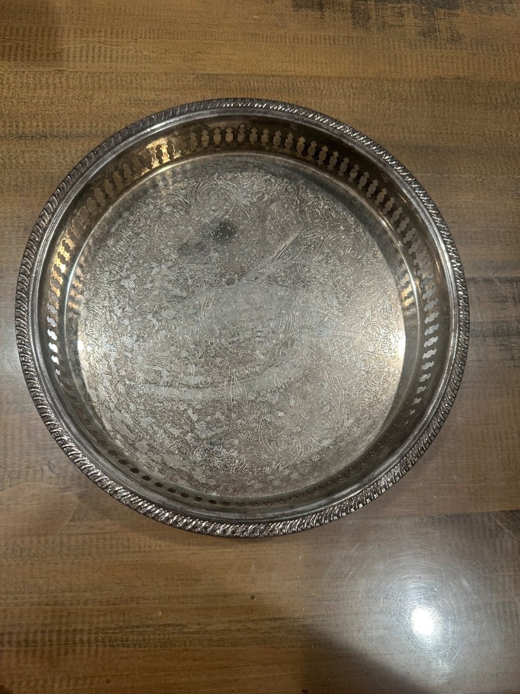 vintage silver-plated round gallery tray