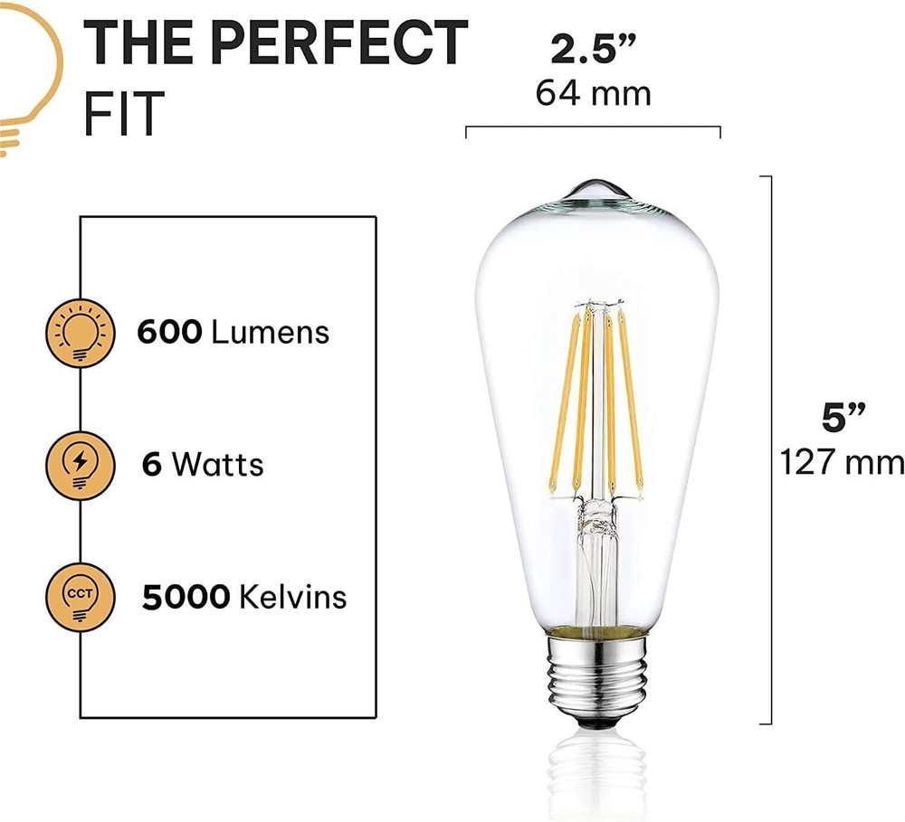 HUDSON BULB CO. Vintage LED Edison Light Bulbs 60W (6 Pack)- E26/E27 Base