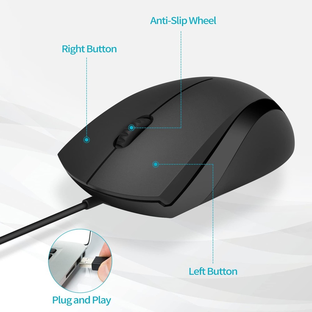 Silent Wired Mouse 1000 DPI 5ft Cord Quiet Button Optical Matte Black