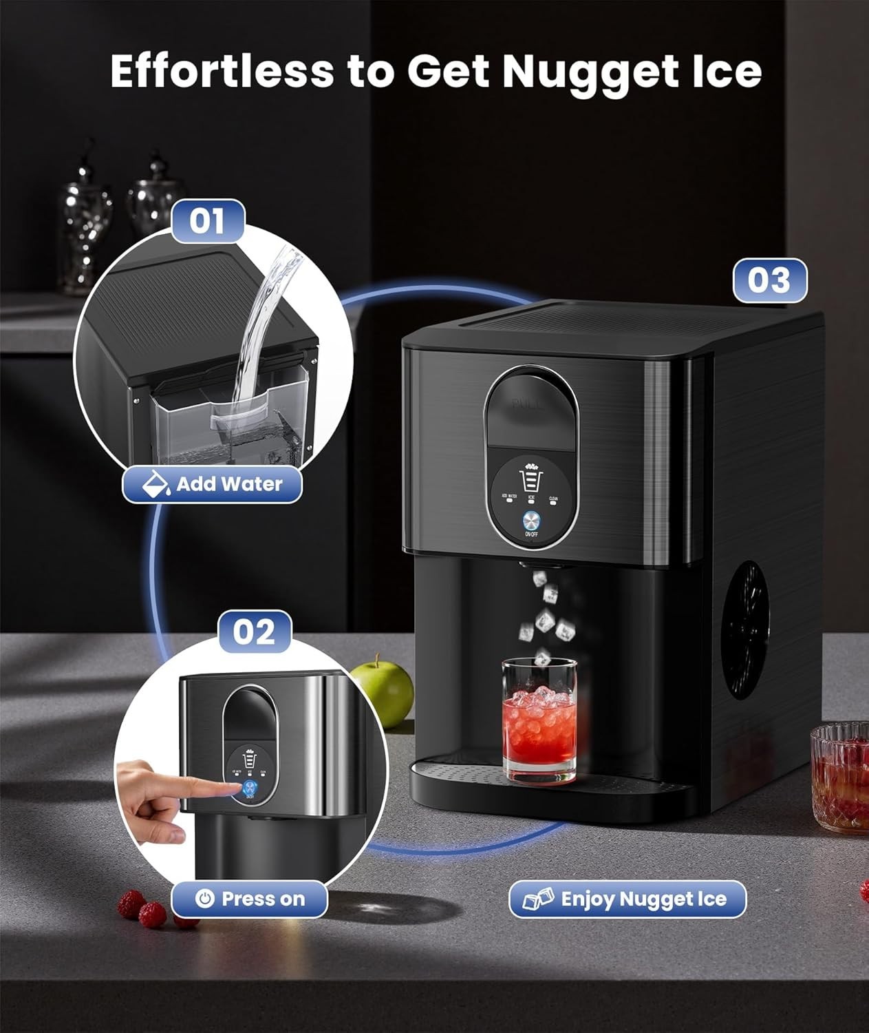 Nugget Ice Maker Countertop, 44lbs/24H Soft Chewable Pellet Ice Maker Machine Di