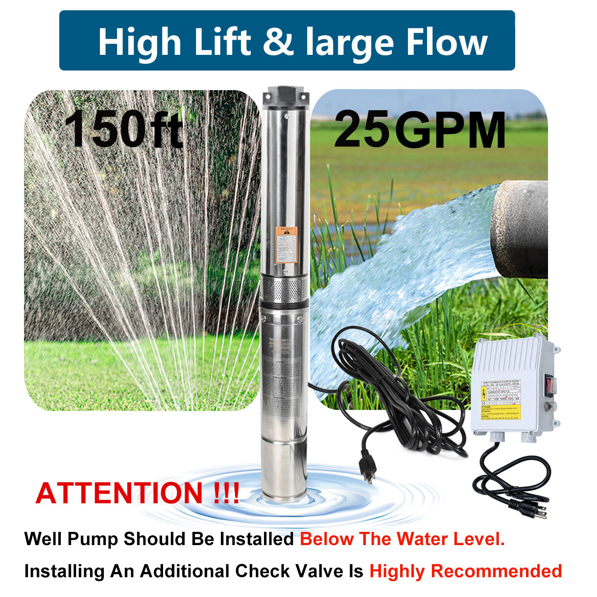 4'' Deep Well Submersible Pump,1/2HP, 110V, 25GPM, 150FT Hmax w/Control Box