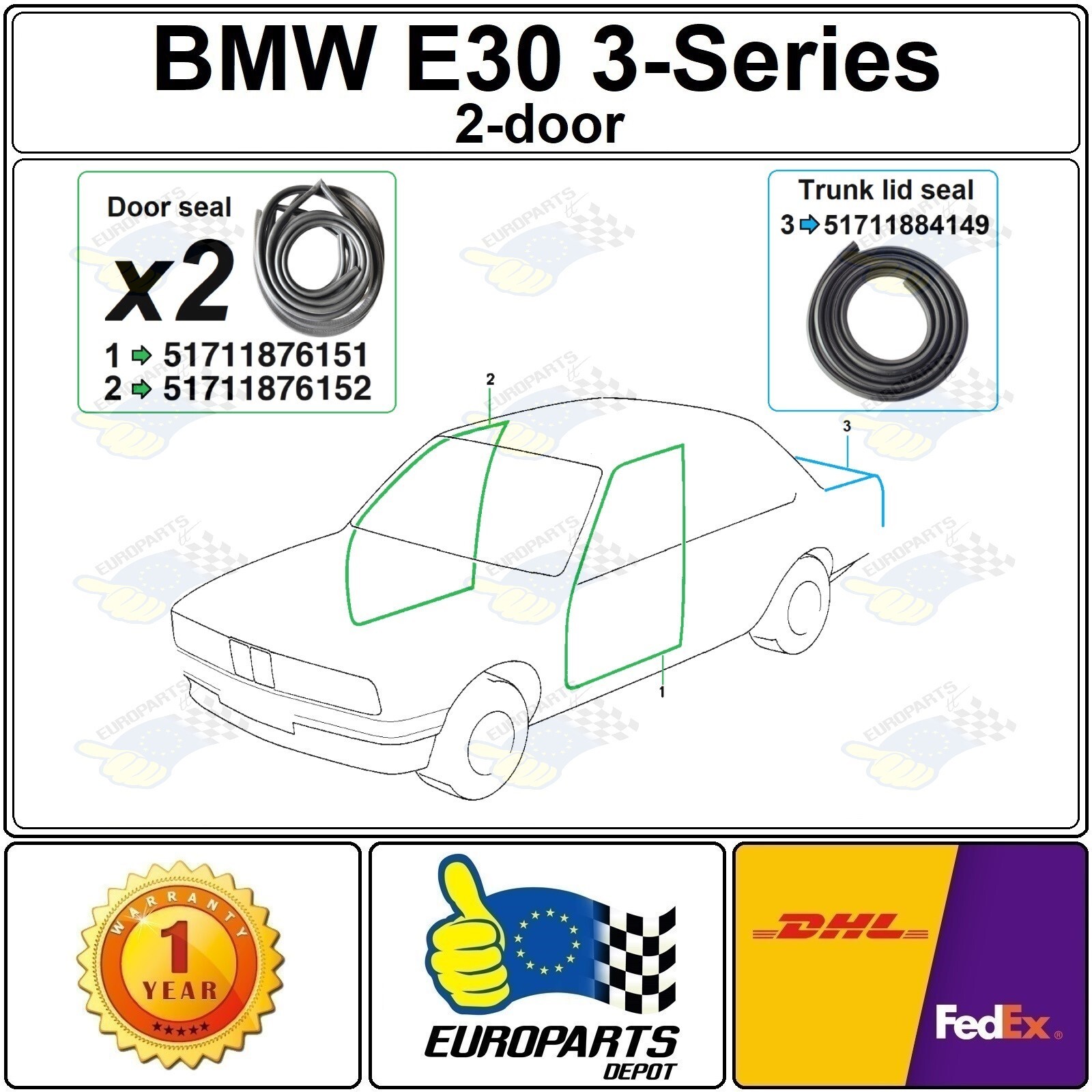 BMW E30 3 Series 2-Door Coupé 3 Piece Rubber Weatherstrip Set for Doors & Trunk