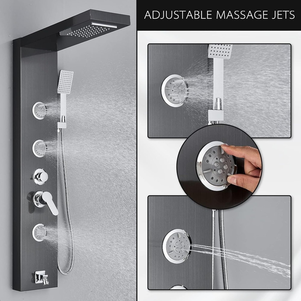 Black Shower Panel Tower System Stainless Steel Multi-function Massage Body Jets