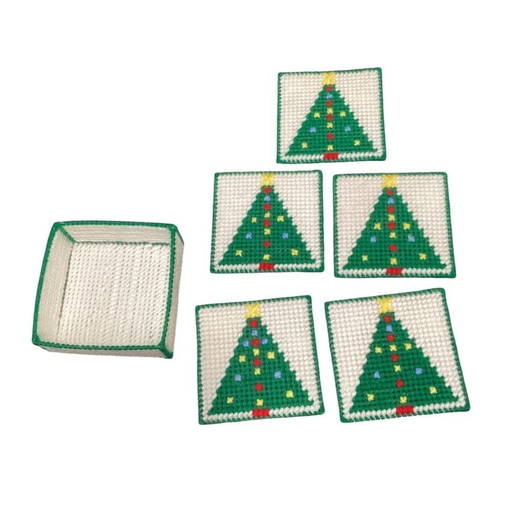 Handmade Plastic Canvas Christmas Tree Tissue Box Cover Coasters Set
