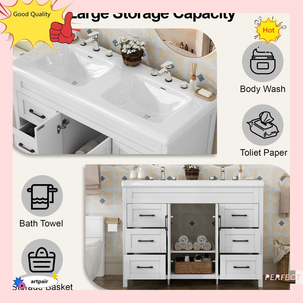 47" Bathroom Vanity Set & Double Ceramic Sinks Artificial Marble Countertop , US