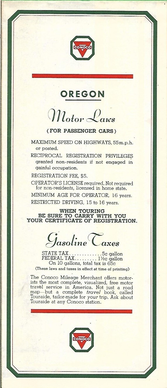 1946 CONOCO Road Map OREGON Columbia River Highway Portland Crater Lake Nat'l Pk
