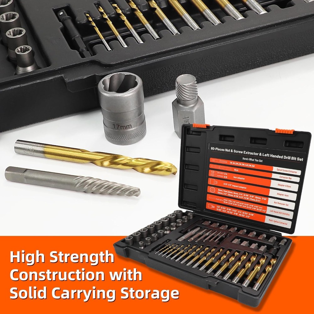 56Pcs Spiral Screw Extractor Set, Left Hand Drill Bit Set with Hex Adapter