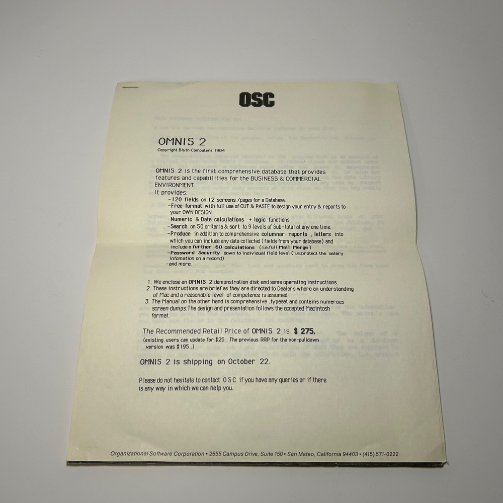 OSC Omnis 2 Original Demonstration Instructions Blyth Computers 1984 Macintosh