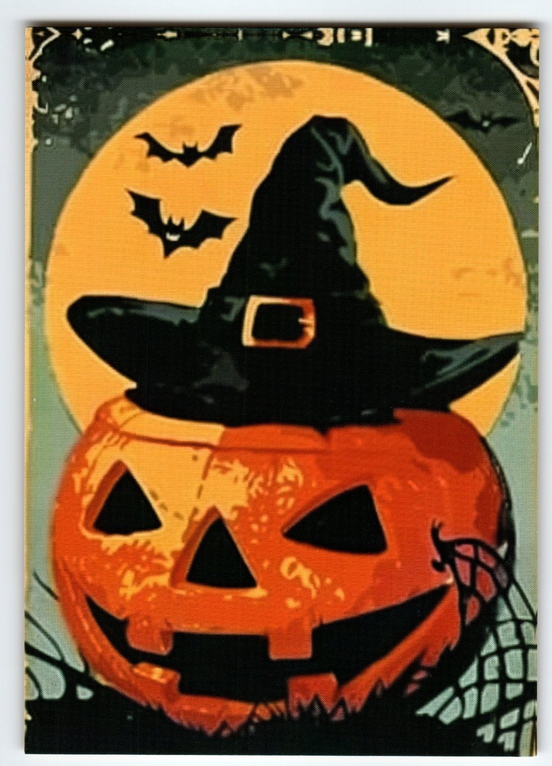 Vintage Halloween Postcard Jack O'Lantern with Witch Hat & Bats