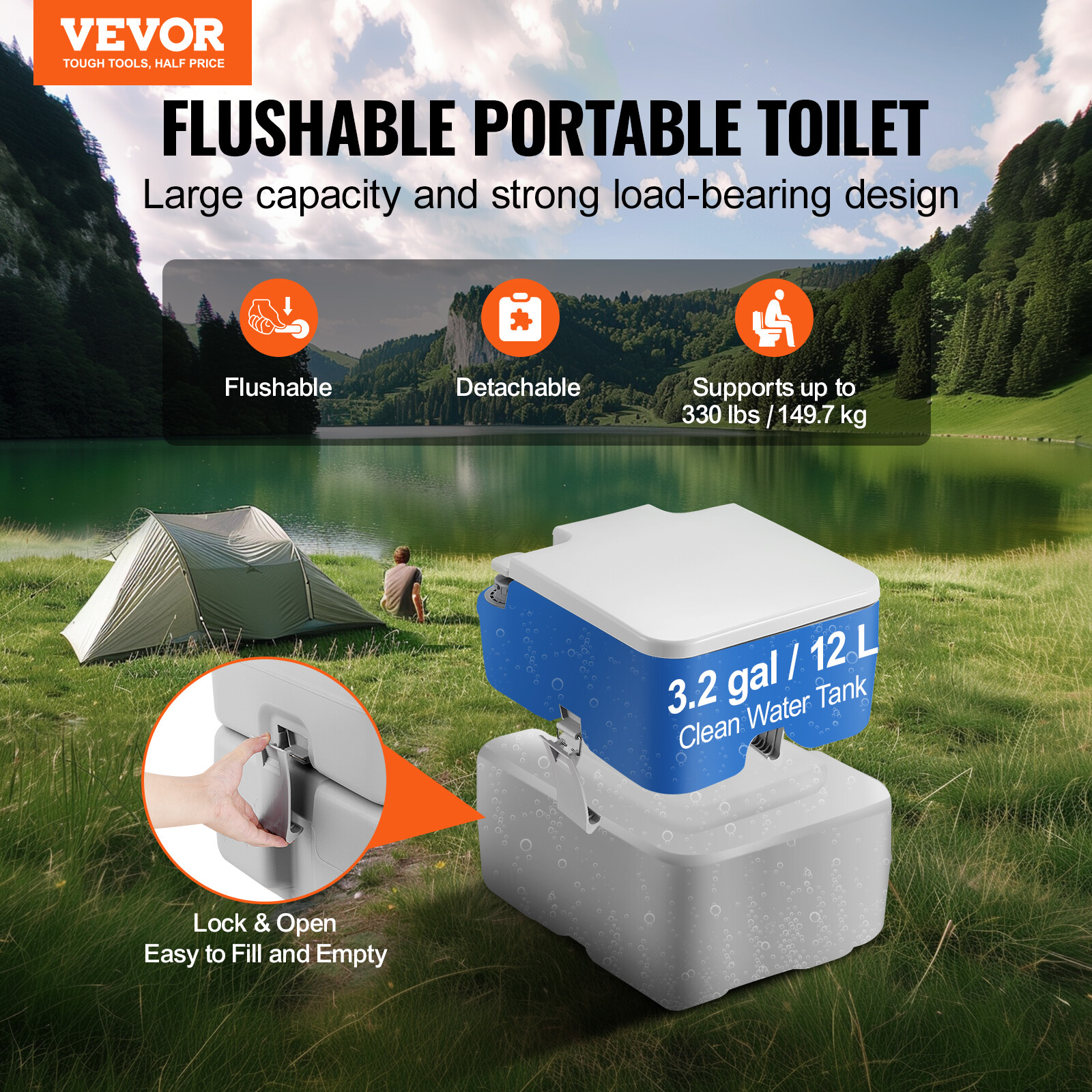 VEVOR Portable Toilet Flush Travel Camping 5.3 Gal Commode Potty with Carry Bag