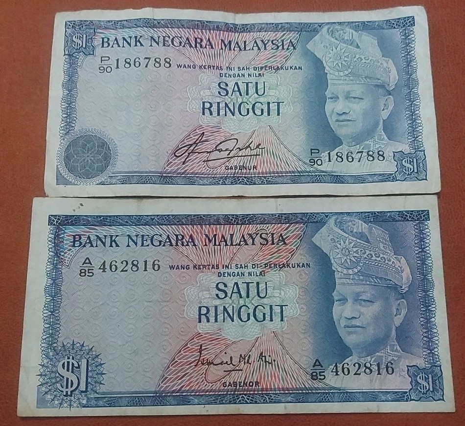 Malaysia 1 Ringgit 1967 1972 First second Issues Di-Perlakukan Vintage Banknotes