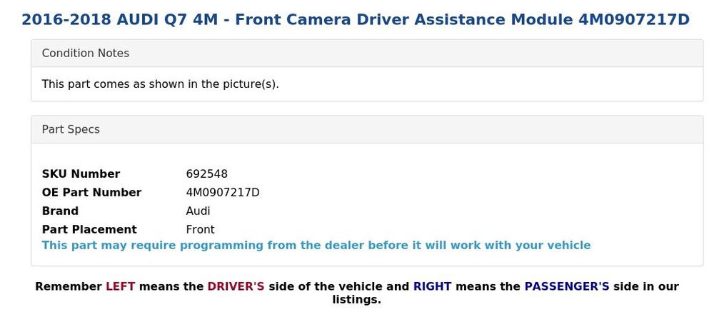 2016-2018 AUDI Q7 4M - Front Camera Driver Assistance Module 4M0907217D